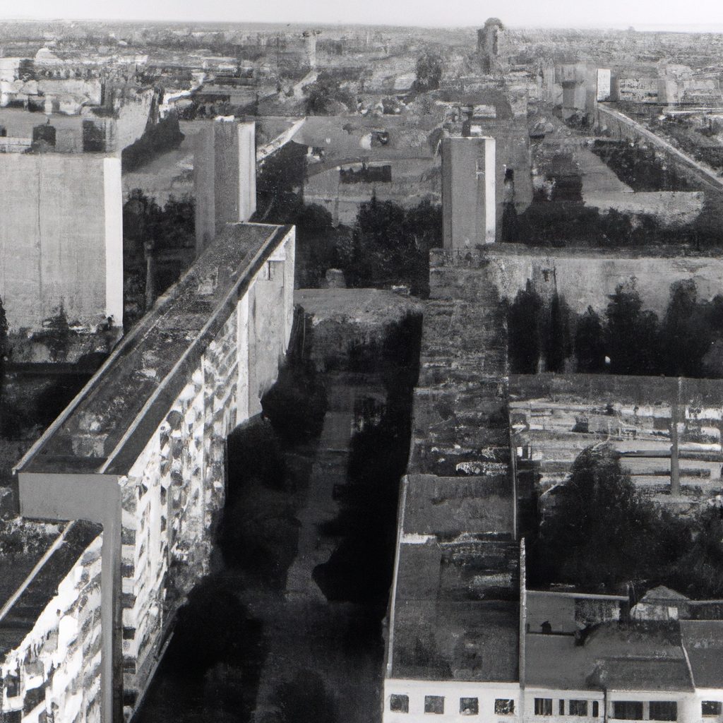 Ein Blick auf Berlin in Scharz weiß. Typische Plattenbausiedlung. Von Dall-E2 generiert