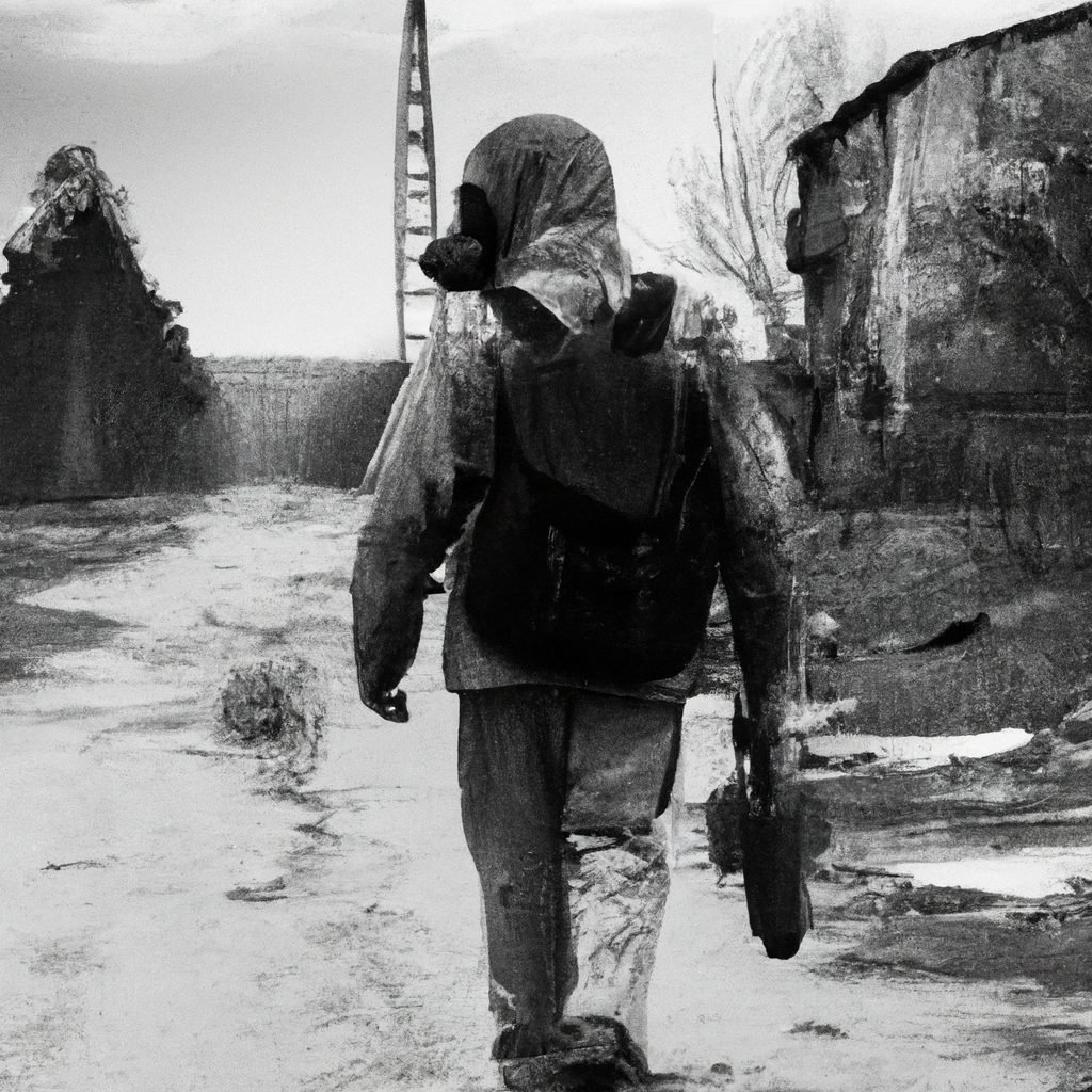 Ein Mann mit Maske und Schutzanzug läuft in einem zerstörten Dorf. 