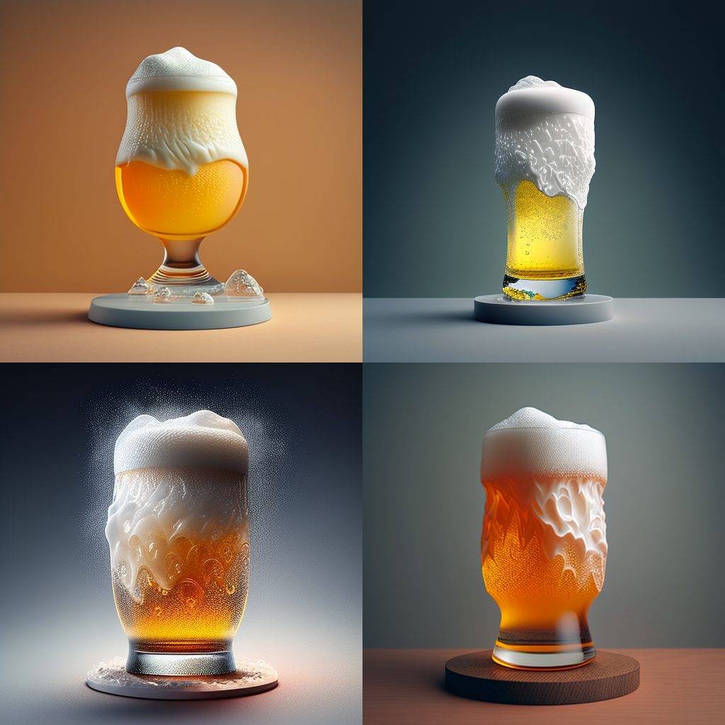 4 verschiedene Produktaufnahmen von Bier. Midjourney