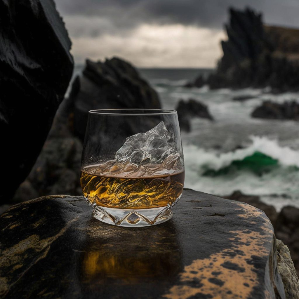 Ein Whiskeyglas auf einem Fels. Erstellt von Midjourney